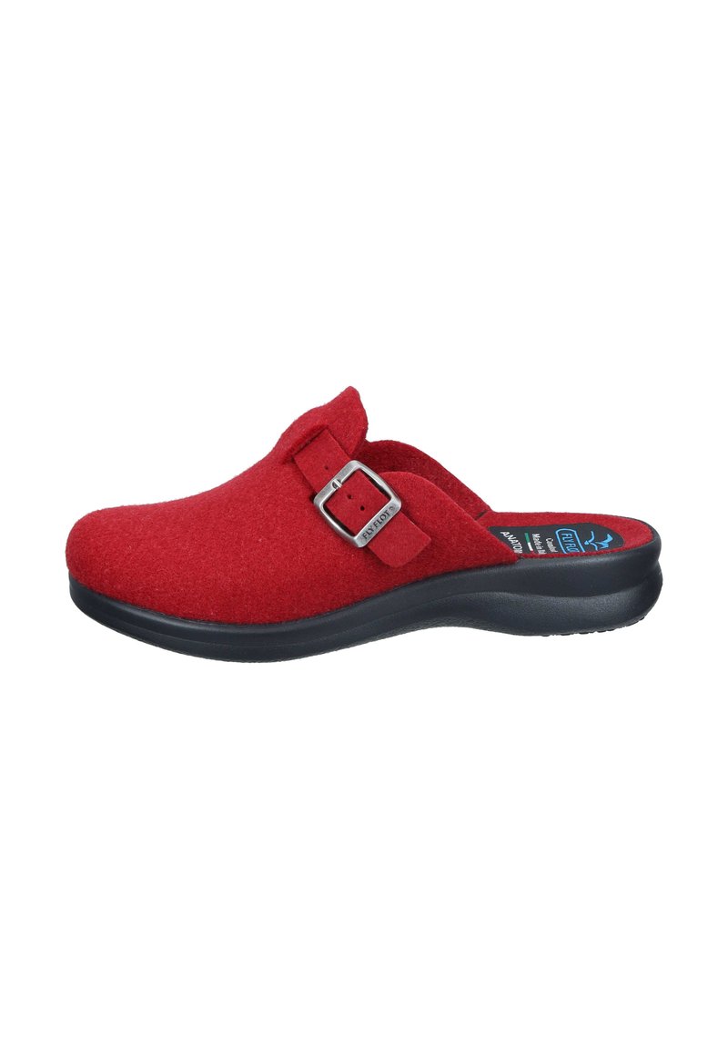 Red felt clogs featuring a black flexible sole, side buckle accent, and open back design for easy wear. Soft texture with minimal detailing.