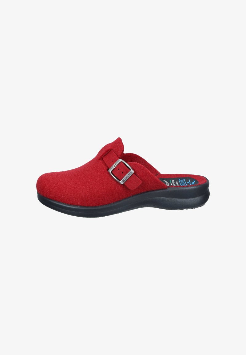 Red felt clogs featuring a black flexible sole, side buckle accent, and open back design for easy wear. Soft texture with minimal detailing.