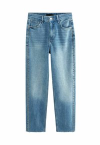Blugi din denim albastru deschis, cu croială dreaptă, având embellishment-uri laterale cu tinte argintii și detalii desfăcute la tiv. Design cu cinci buzunare.