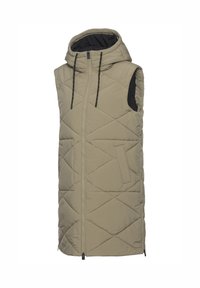 Leichte, ärmellose Weste in Khaki mit Kapuze. Mit einem gesteppten Design, Frontreißverschluss und seitlichen Taschen. Schwarze Akzente an den Schultern.