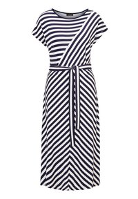 Gestreiftes Kleid in Marineblau und Weiß, mit kurzen Ärmeln, rundem Ausschnitt und Taillengürtel. Der Stoff hat eine glatte, leichte Textur.