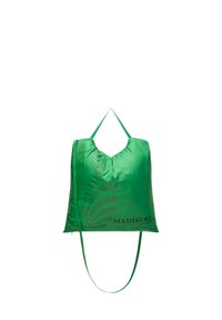 Green, lightweight, packable bag with a leaf pattern, a V-shaped top, and two long straps for carrying. Features branding in black text.