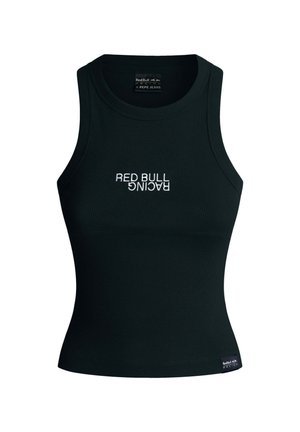 Schwarzes ärmelloses Crop-Top aus geripptem Stoff mit dem weißen "RED BULL RACING"-Logo. Runder Halsausschnitt und figurbetonte Passform.