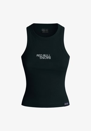 Top corto negro sin mangas hecho de tejido acanalado, con el logotipo blanco "RED BULL RACING". Cuello redondeado y diseño ajustado.