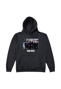 Černá mikina s kapucí, na přední straně s grafikou pěti postav na pozadí hřbitova, s bílým textem "The Sopranos" pod obrázkem.