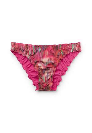 Pink bikini bottom with ruffled edges, featuring a vibrant abstract pattern in shades of pink, red, and green on a smooth fabric.