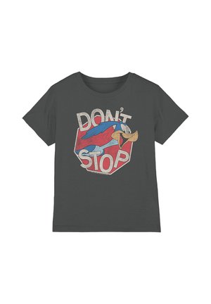Dark gray t-shirt with a red stop sign, a blue cartoon bird, and the words "DON'T STOP" in large letters.