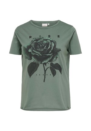 Grønn kortermet t-skjorte med svart rosegrafikk og teksten "RISE" over og "ABOVE" under blomsten på forsiden.