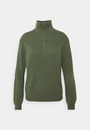 Pull en tricot côtelé vert avec un col montant et une demi-zip. Manches longues avec des poignets ajustés et un design décontracté.