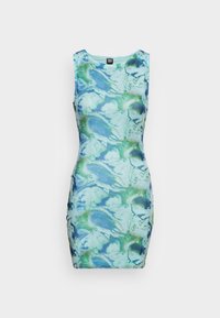 Vestido justo sem mangas com um padrão marmoreado em tonalidades de azul e verde, feito de um tecido suave com decote redondo e costuras mínimas.