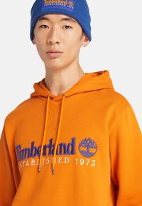 Felpa arancione con logo ricamato "Timberland" blu e grafica dell'albero. Presenta un cappuccio con lacci e un tessuto testurizzato. Berretto blu indossato dal modello.