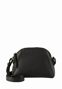 Schwarze Umhängetasche aus strukturiertem Leder mit abgerundeter Form, Reißverschluss und abnehmbarem Schulterriemen.