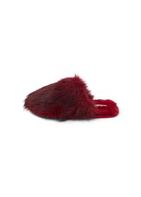 Red faux fur slipper with a rounded toe, soft texture, and a plush upper. The design is slip-on with a flat sole.