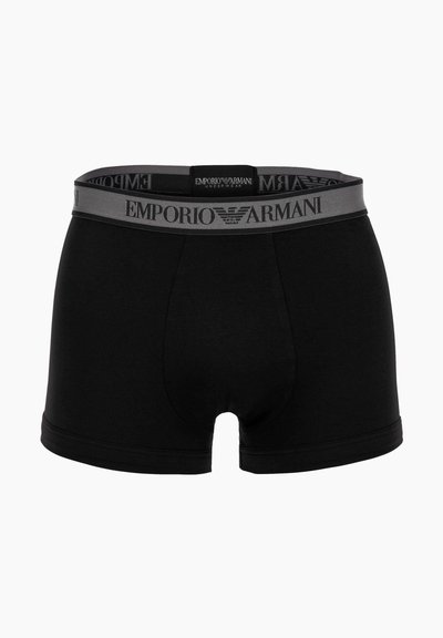 Schwarze Herren-Boxershorts mit grauem elastischem Bund, der das "EMPORIO ARMANI"-Logo und das Adler-Emblem zeigt.