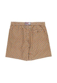 Shorts de bain à motif présentant un design géométrique orange, noir et blanc, avec une taille élastique et une poche sur un côté. Tissu léger.