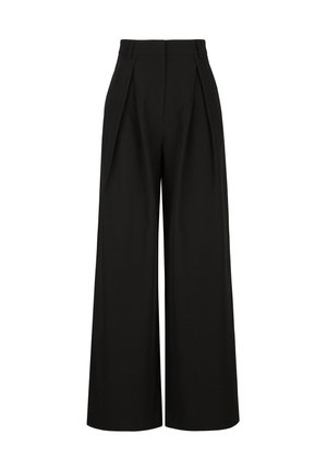 Zwarte wijde broek met hoge taille, voorplooien en riemlussen, getoond tegen een effen witte achtergrond.