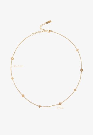 Fijn gouden ketting met kleine bloemvormige bedeltjes, gelijkmatig verdeeld, voorzien van een karabijnsluiting en een verstelbare lengtehanger.