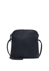 Compact black leather crossbody bag with a zipper top and thin adjustable strap, embossed with "Emily & Noah" on the front.