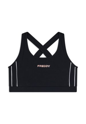 Sujetador deportivo negro con tirantes cruzados en la espalda, franjas verticales blancas en los laterales y el logo "FREDDY" centrado en el frente.