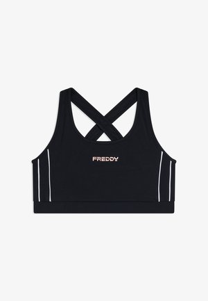 Reggiseno sportivo nero con spalline incrociate sul retro, strisce verticali bianche ai lati e logo "FREDDY" centrato sul davanti.