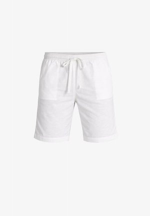 Weiße Leinen-Herrenshorts mit elastischem Bund und vorderem Kordelzug, mit zwei Vordertaschen, vor einfachem Hintergrund dargestellt.