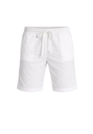 Weiße Leinen-Herrenshorts mit elastischem Bund und vorderem Kordelzug, mit zwei Vordertaschen, vor einfachem Hintergrund dargestellt.