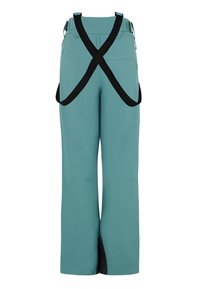 Une paire de pantalons teal avec une coupe décontractée, dotés de bretelles noires ajustables et d'un accent noir au niveau de l'ourlet pour une durabilité accrue.