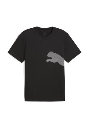 Czarny t-shirt z krótkim rękawem, wykonany z gładkiego materiału, z przodu z jasnoszarym wzorem skaczącego kota. Okrągły dekolt, luźny krój.
