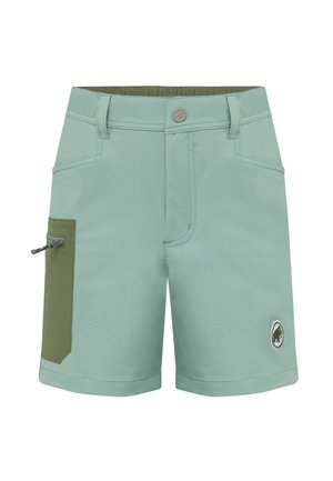 Lysegrønne knæshorts med en olivengrøn lynlåslomme på siden og et lille rundt logo nær kanten.