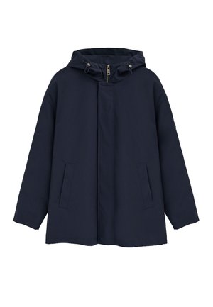 Mørkeblå hættejakke med lynlås foran og trykknapslukning, to sidelommer og justerbare snore på hætten.