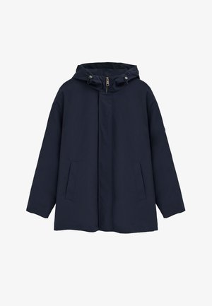 Marineblauwe capuchonjas met ritssluiting aan de voorkant en drukknoopsluiting, twee zijzakken en verstelbare trekkoorden aan de capuchon.