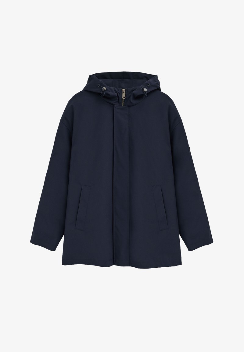 Marineblaue Kapuzenjacke mit durchgehendem Reißverschluss und Druckknopfverschluss vorne, zwei Seitentaschen und verstellbaren Kordeln an der Kapuze.