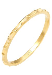 Guld ring med bølget tekstur, der har en poleret overflade. Markeret med "375", hvilket angiver guldets renhed. Enkel, tyndt design.