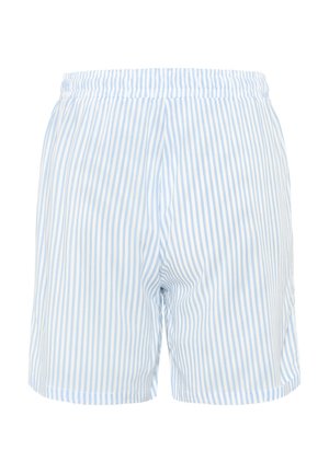Randiga shorts i ljusblått och vitt, gjorda av vävt tyg. Har elastisk midja och en avslappnad passform, med sidofickor.