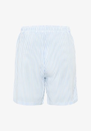 Striped shorts in light blue and white, made of woven fabric. Features an elastic waistband and a relaxed fit, with side pockets.