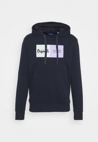 Mörkblå huvtröja i bomullsmaterial med framficka, dragsko i huvan och flerfärgat textblock på bröstet.