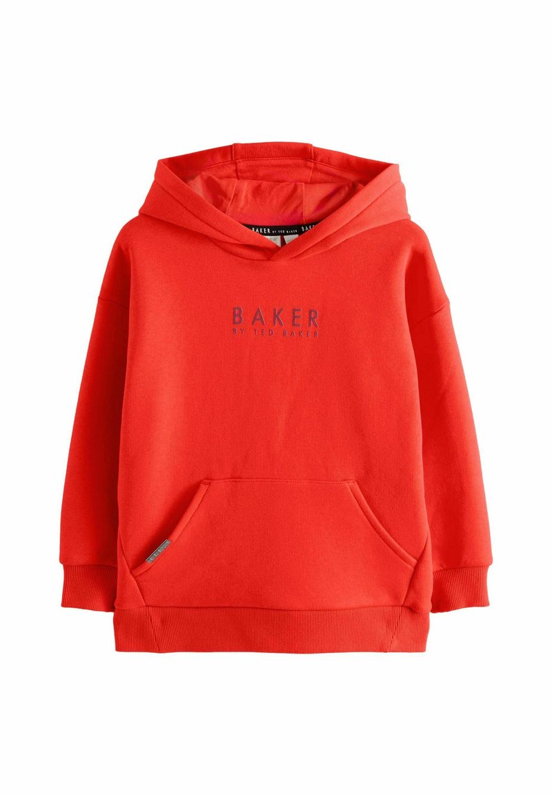 Sarkans kapuci džemperis ar priekšējo kabatu, ribotām piedurknēm un apakšmalu. Uz krūšu daļas ir logo "BAKER BY TED BAKER" tumši pelēkā krāsā. Gluda auduma tekstūra.