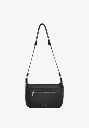 Black leather shoulder bag with adjustable strap, front zip pocket, silver zipper, and RYLKO logo below the pocket.