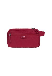 Borsetta in tessuto rosso con forma rettangolare, dotata di chiusura zip e tasca frontale. Include una tracolla regolabile e un piccolo badge con logo.