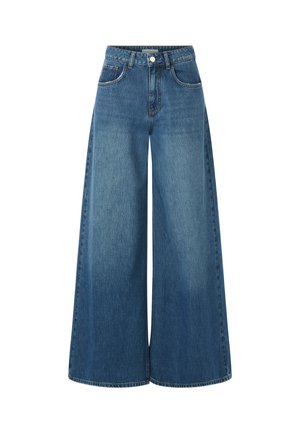 Wide-leg blue denim jeans with a high waist, six pockets, subtle fading, and classic gold stitching. Made from cotton fabric.