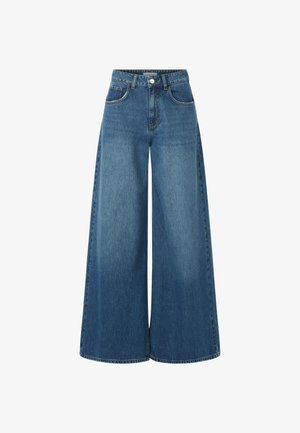 Helleblaue, weit geschnittene Jeans mit hohem Bund, sechs Taschen, dezenten Ausbleichungen und klassischer goldener Nähte. Hergestellt aus Baumwollstoff.