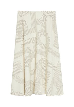 Kremowa spódnica midi z wysokim stanem, ozdobiona abstrakcyjnym liniowym wzorem geometrycznym w jasnobrązowym kolorze.