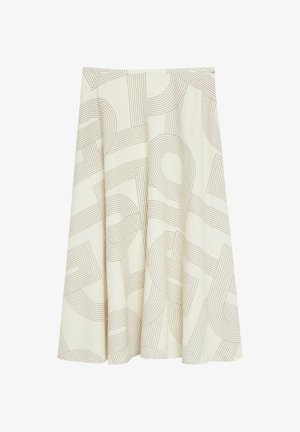 Cremefarbener Midi-Rock mit hoher Taille, der ein abstraktes lineares geometrisches Muster in Hellbraun zeigt.