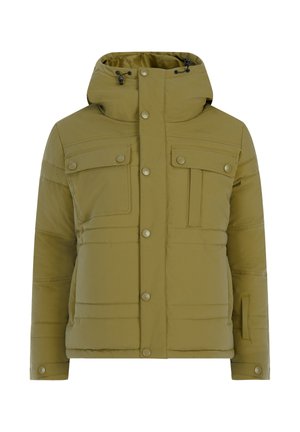 Olive green padded jacket with hood, buttoned front, two buttoned chest pockets, and side pockets.