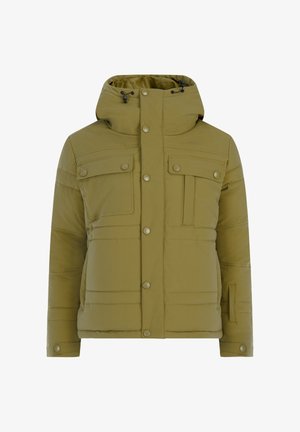 Olive green padded jacket with hood, buttoned front, two buttoned chest pockets, and side pockets.