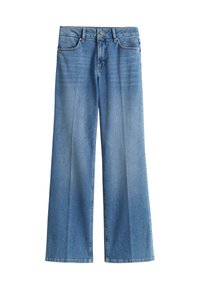 Jeans à jambes larges en denim bleu clair, avec un design classique à cinq poches, un lavage délavé et des coutures détaillées le long des seams.