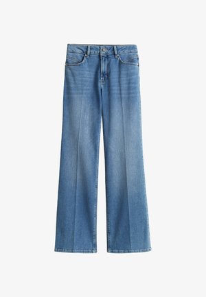 Weite Jeans aus hellblauem Denim, mit klassischem Fünf-Taschen-Design, ausgewaschenem Finish und genähten Details entlang der Nähte.