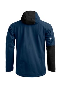 Navy blue waterproof jacket with a black hood and sleeves. Features a smooth material, full coverage design, and logo on the left sleeve.