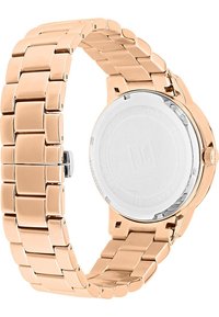 Roségoldene Metalluhr mit einem Gliederarmband-Design, ausgestattet mit einem silberfarbenen Gehäuseboden und gekennzeichneter Wasserbeständigkeit.
