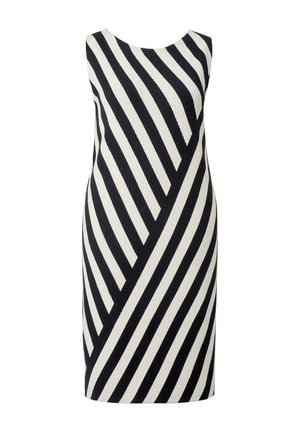 Hihaton mekko, jossa on vinoraitoja mustana ja valkoisena, polvipituinen leikkaus, sileäpintainen kangas ja pyöreä pääntie.